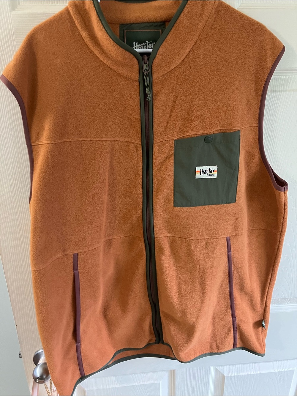 Howler Brothers Rust Orange Fleece Vest with Olive Pocket
